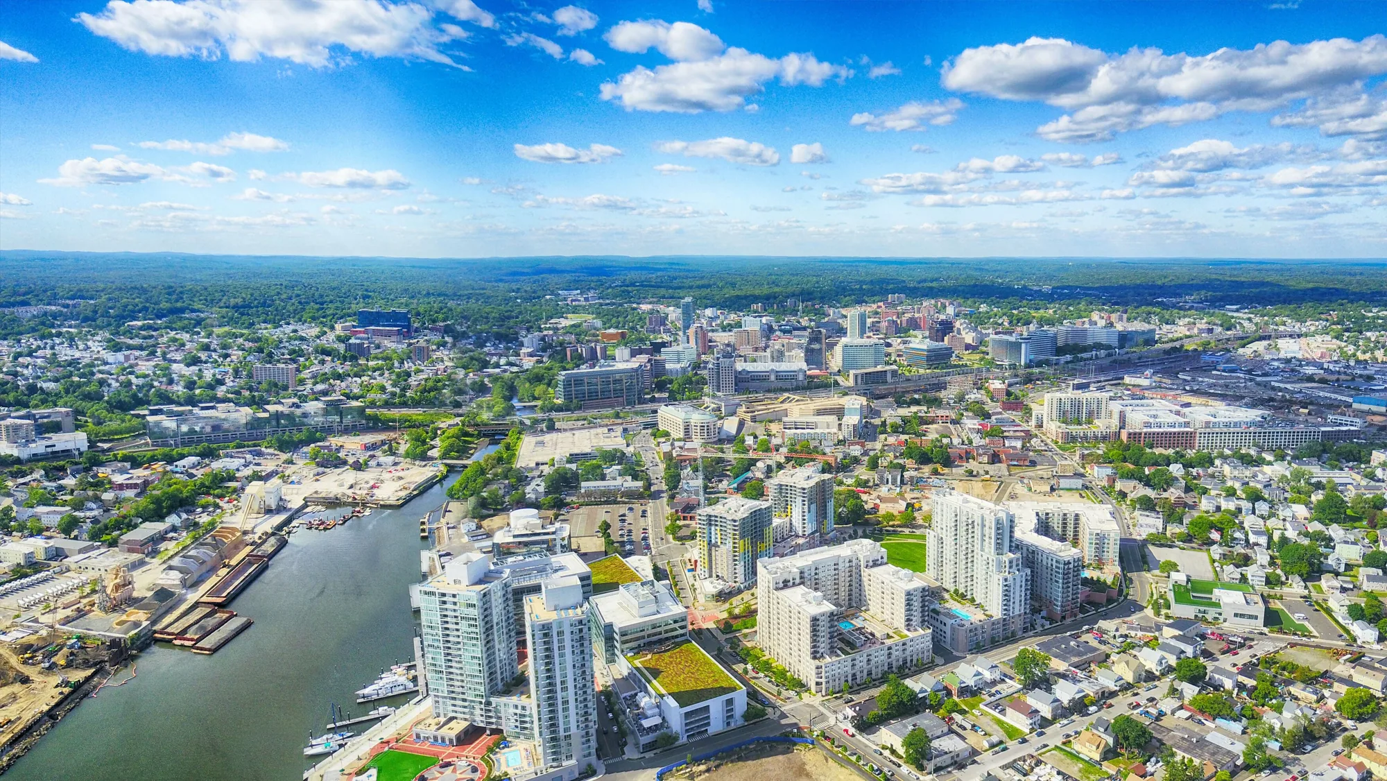 Aerial view of downtown Stamford, Connecticut and the harbor Aerial view of downtown Stamford, Connecticut and the harbor